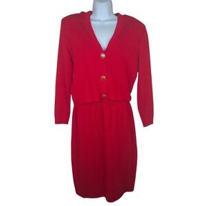 Vintage St John Santana Knit Skirt Sweater Set Womens 4 Red Gold Buttons